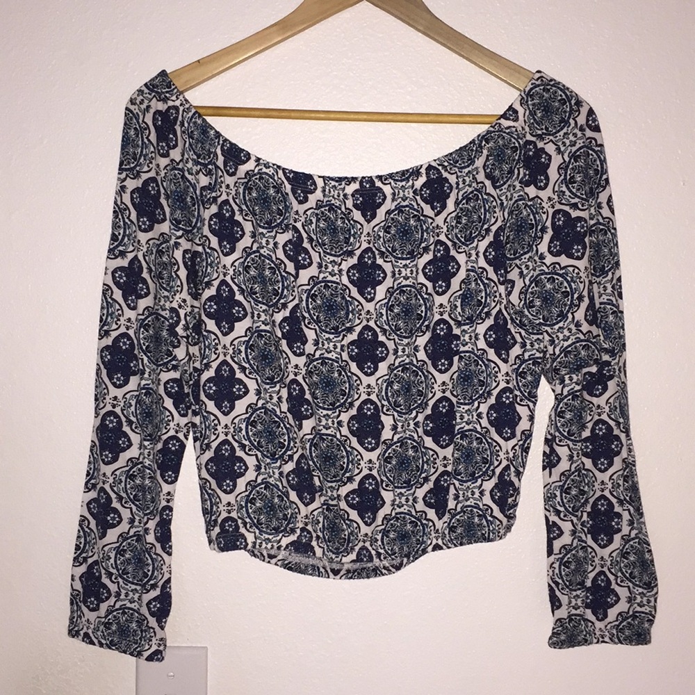 Blue/White Print Off the Shoulder Top